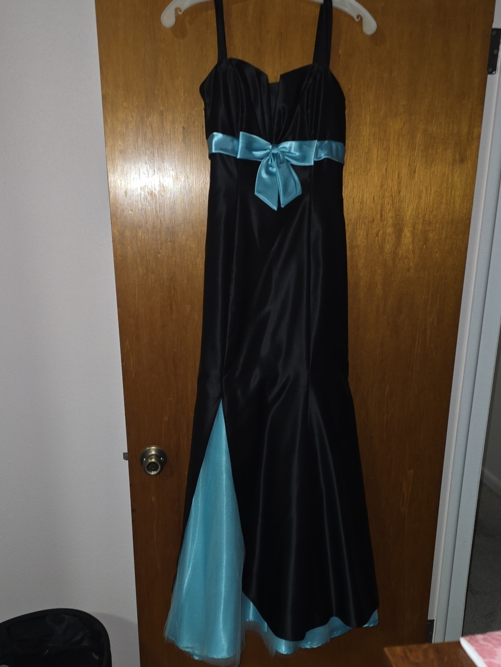 Black Evening Gown with Turquoise Bow and Panel